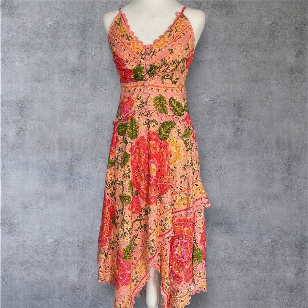 Farm Rio Blooming Floral Eyelet Midi Dress XS NWT $295 Pink Summer Party